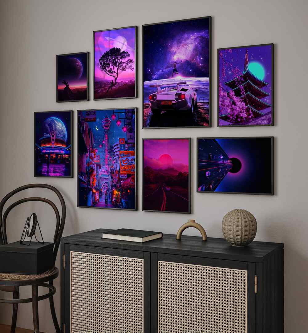 Vibrant NEON METROPOLIS GALLERY WALL showcases electrifying art inspired by cyberpunk cityscapes and cosmic adventures.