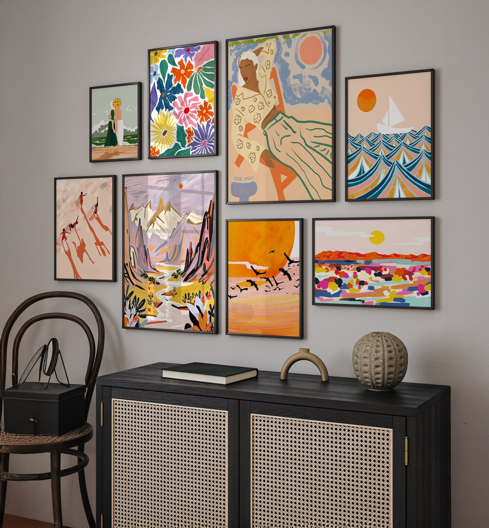 Vibrant WANDERLUST WONDERS GALLERY WALL showcasing colorful art prints, perfect for dynamic gallery walls in any space.