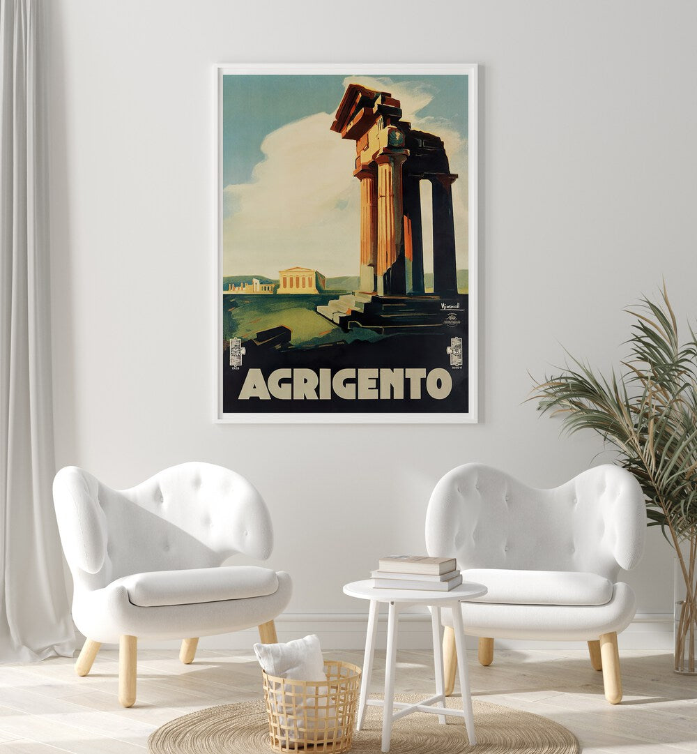 Stylish AGRIGENTO, VINTAGE TRAVEL POSTERS enhance your space with Italy's historic charm and artistic allure.