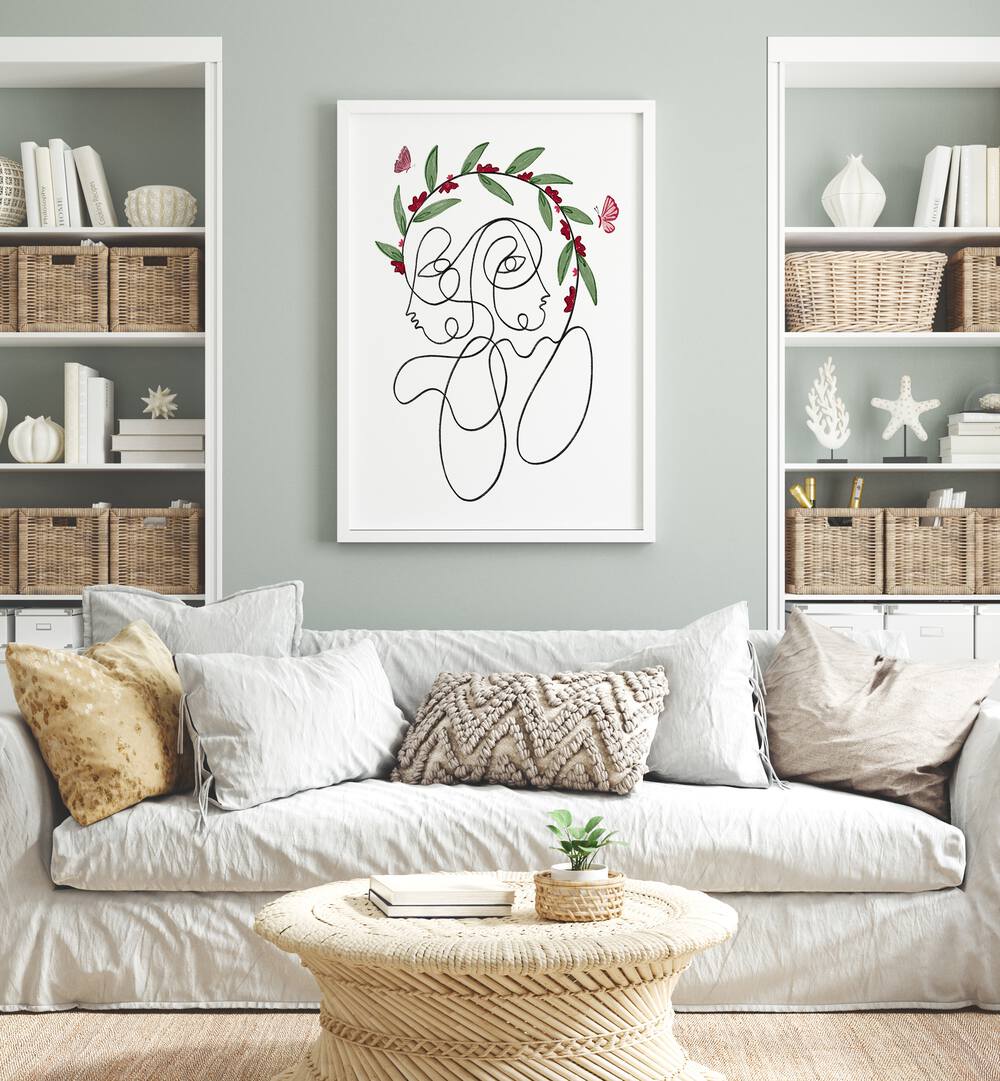 Elegant BLOSSOMING CONNECTION, LINE ART PAINTINGS showcased in a stylish living room, enhancing contemporary décor.
