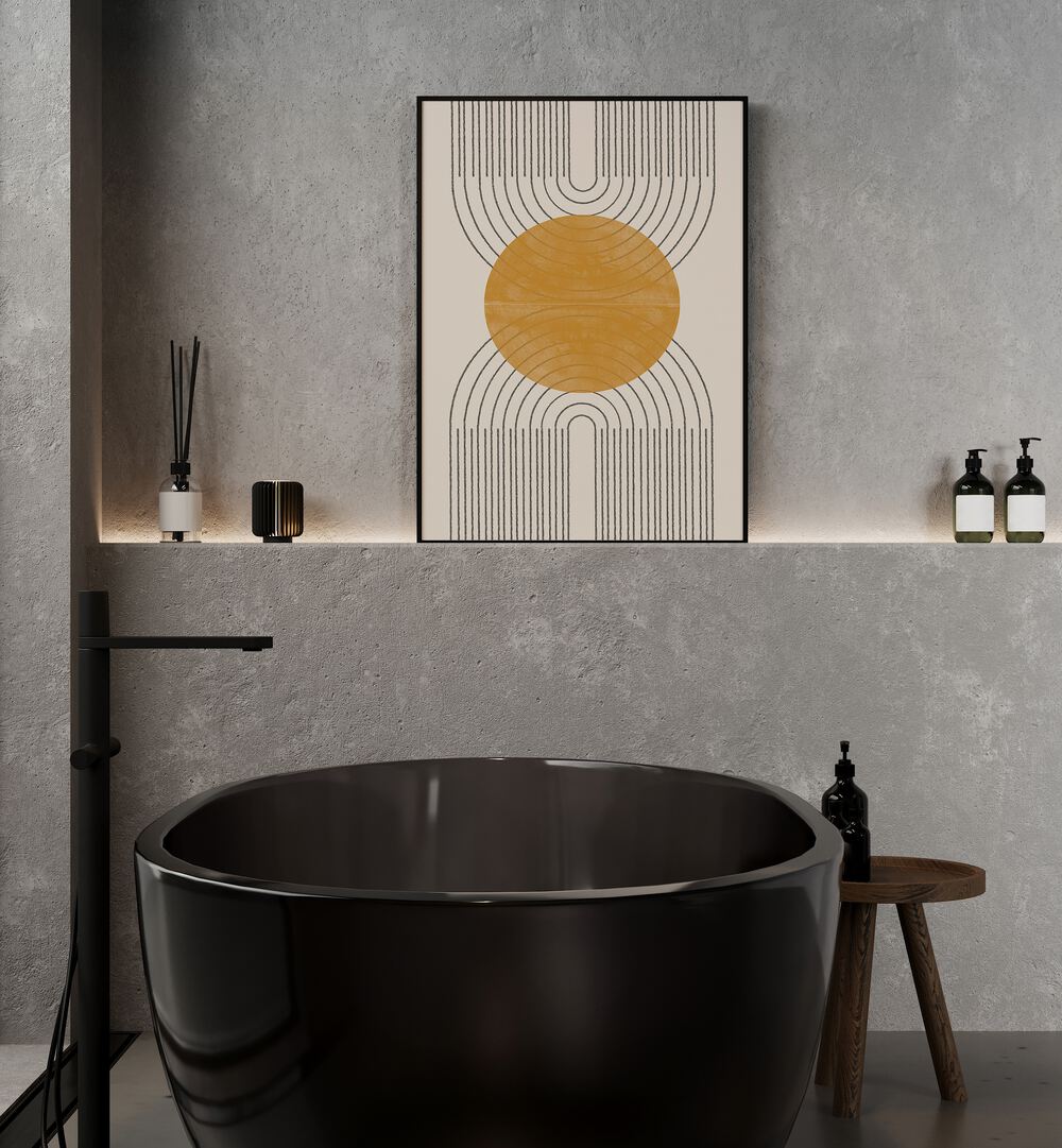 Stylish bathroom featuring PERFECT POINT YELLOW, BOHO ART PAINTINGS, enhancing warmth and creativity in decor.