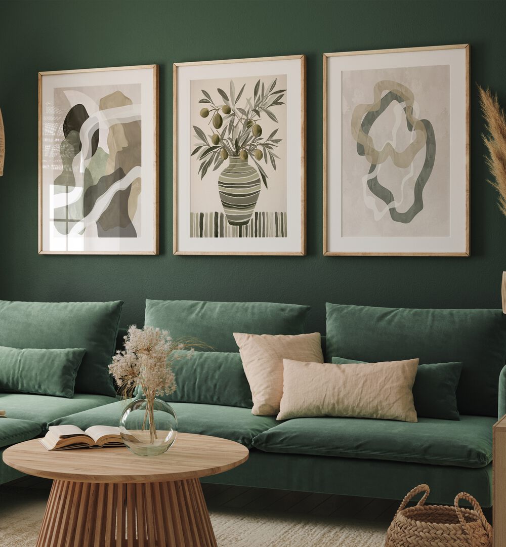 Transform your space with the OLIVE ESSENCE, SET OF 3 PAINTINGS, showcasing elegant olive-inspired artistry.