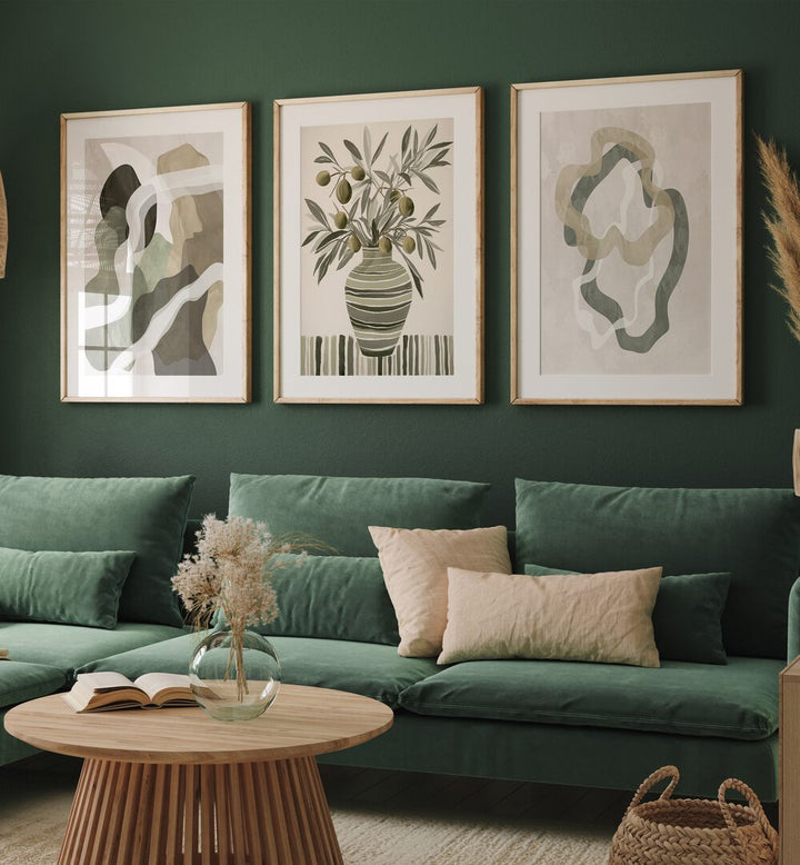 Transform your space with the OLIVE ESSENCE, SET OF 3 PAINTINGS, showcasing elegant olive-inspired artistry.