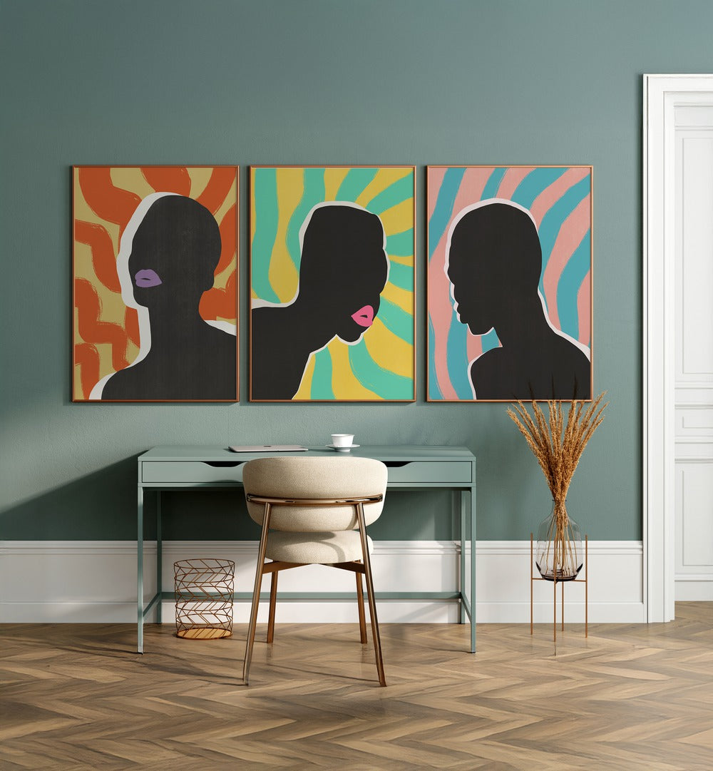 Brighten your decor with the COLOURFUL SYMPHONY SET, SET OF 3 PAINTINGS showcasing vibrant silhouettes.