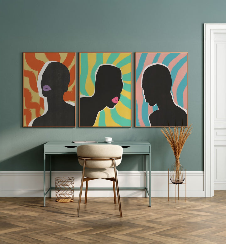 Brighten your decor with the COLOURFUL SYMPHONY SET, SET OF 3 PAINTINGS showcasing vibrant silhouettes.