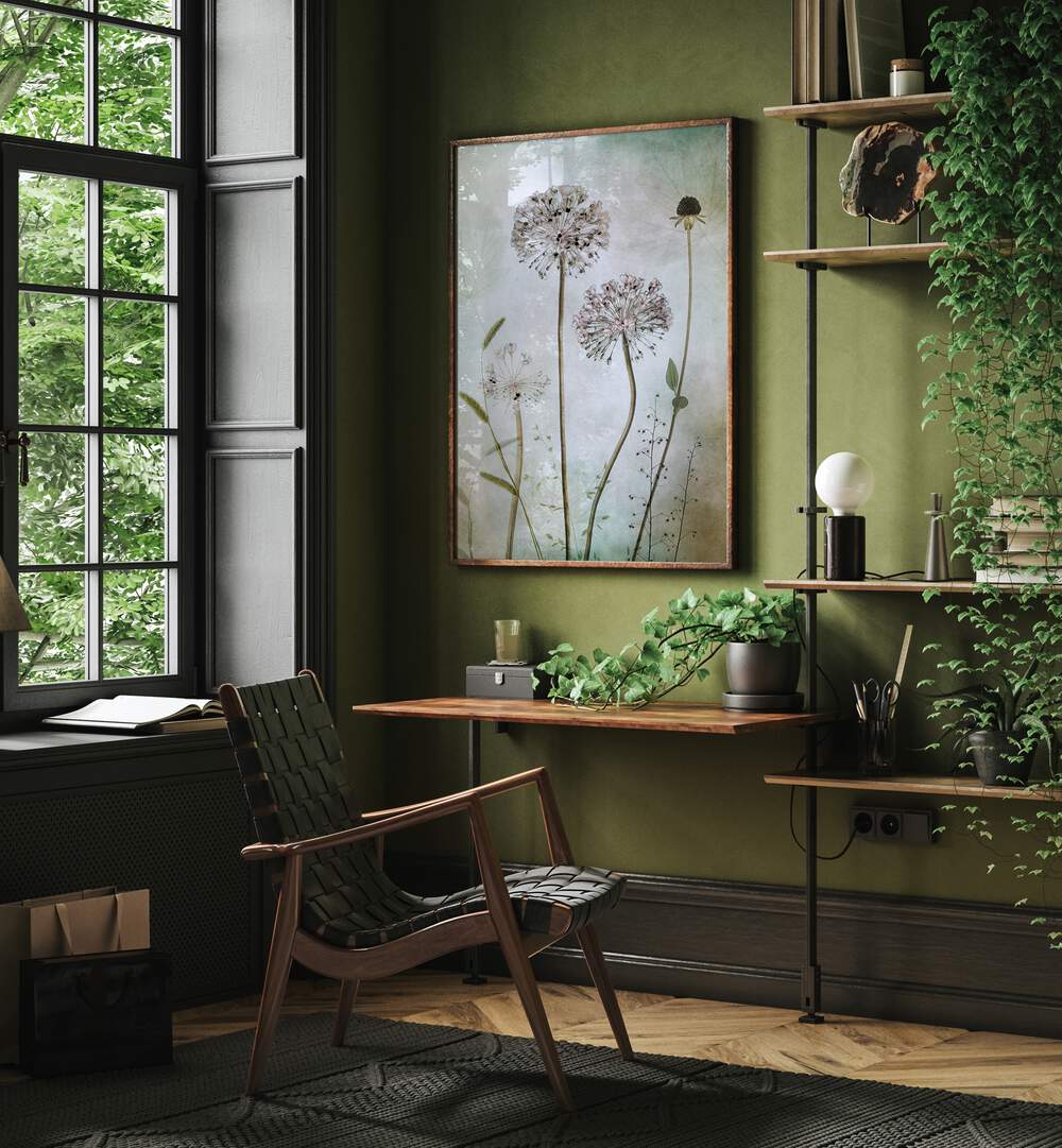 Elegant ALLIUM, FLORAL FLOWER PAINTINGS displayed in a stylish home office, enhancing decor with natural beauty.