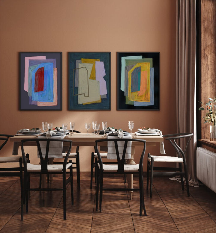 Elevate your decor with the LAYERED ABSTRACT DIMENSIONS SET, SET OF 3 PAINTINGS, perfect for modern living spaces.