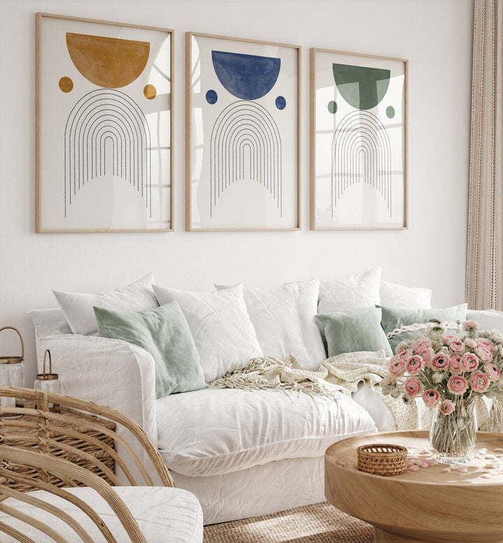 Brighten your space with the GEOMETRIC PASTEL SERENADE SET, SET OF 3 PAINTINGS featuring modern pastel designs.