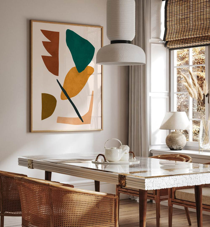 Bright and colorful EXPRESSIVE, BOHO ART PAINTINGS add creativity to modern decor in a stylish dining space.