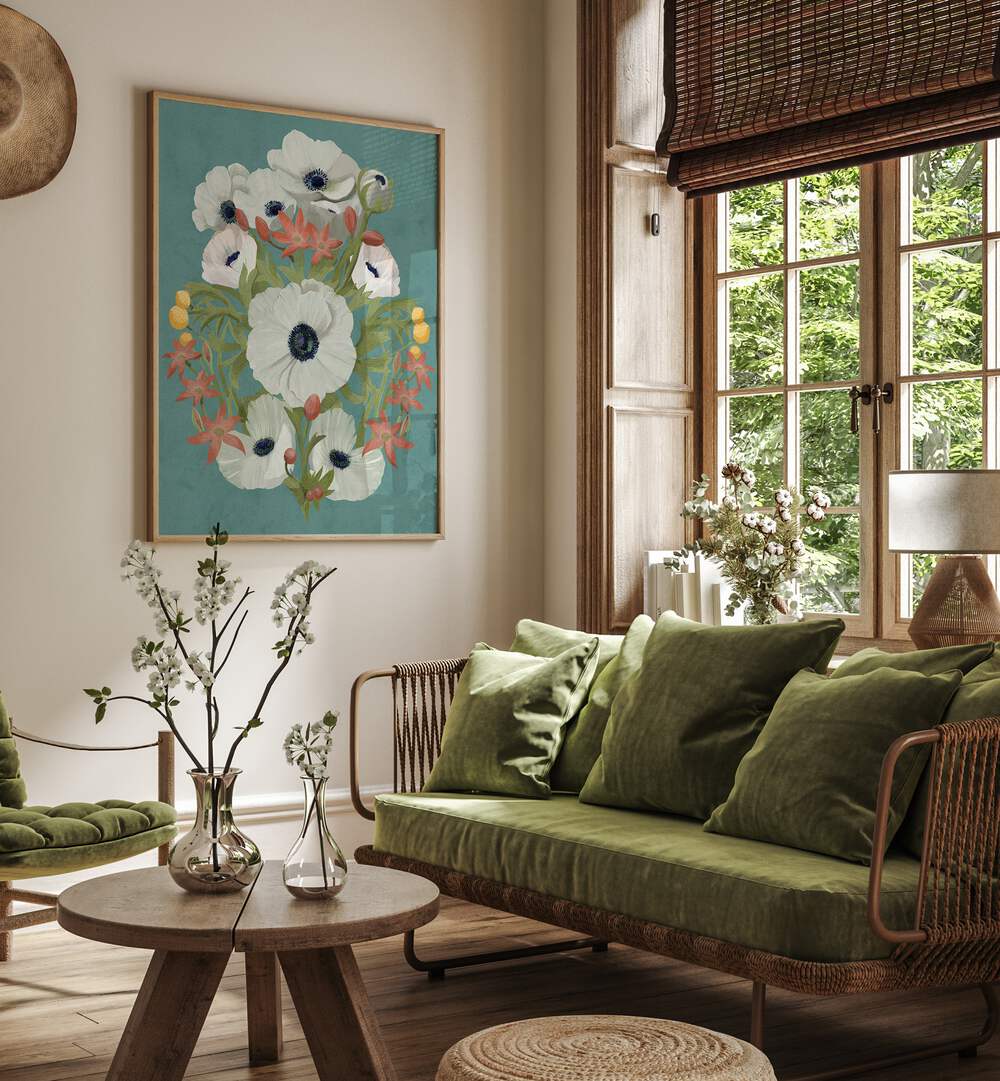 Vibrant ANEMONE, FLORAL FLOWER PAINTINGS adorn a stylish living room, enhancing natural beauty in home decor.