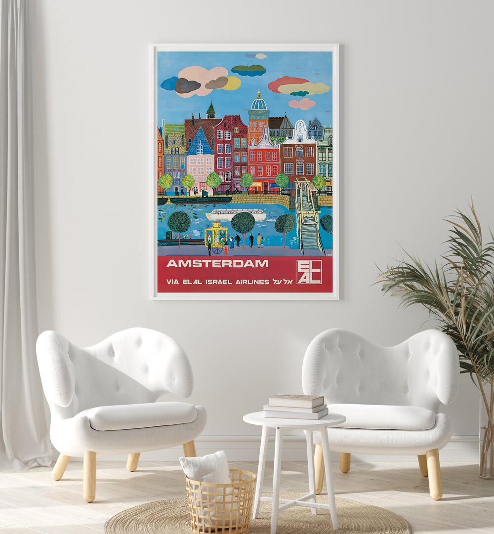 Colorful AMSTERDAM, VINTAGE TRAVEL POSTERS adorn a stylish room, blending nostalgia with artistic charm.