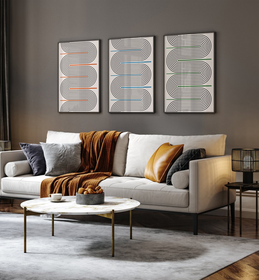Transform your space with the GEOMETRICAL TIDAL MOODS SET, SET OF 3 PAINTINGS, featuring unique abstract designs.