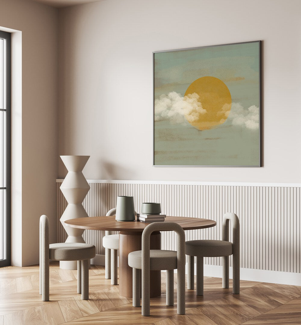 Stylish dining area featuring SUN A CLOUDS, BOHO ART PAINTINGS, enhancing boho charm and creativity in your space.