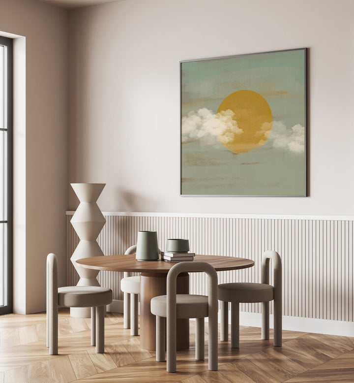 Stylish dining area featuring SUN A CLOUDS, BOHO ART PAINTINGS, enhancing boho charm and creativity in your space.