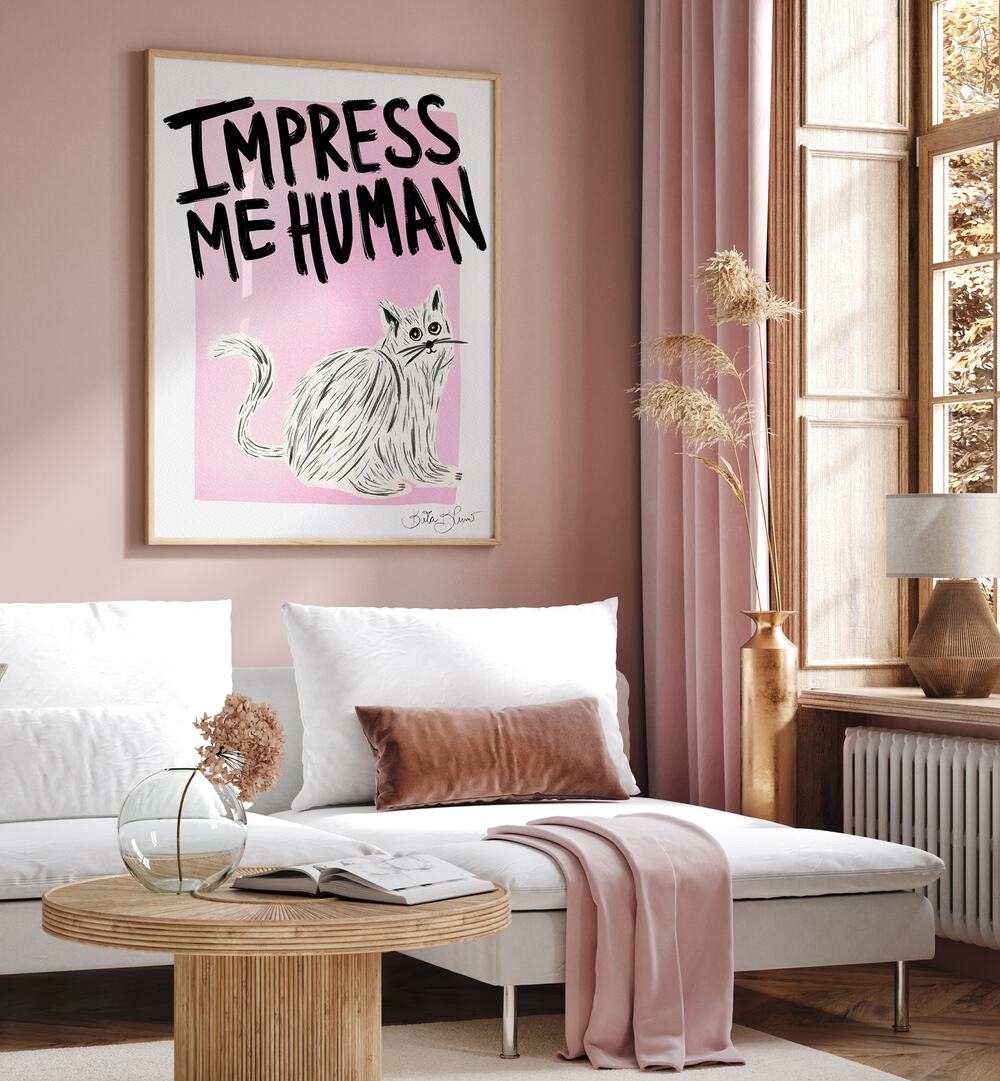 Vibrant and electric, the IMPRESS ME HUMAN art print brightens any space, perfect for cat lovers and art enthusiasts.