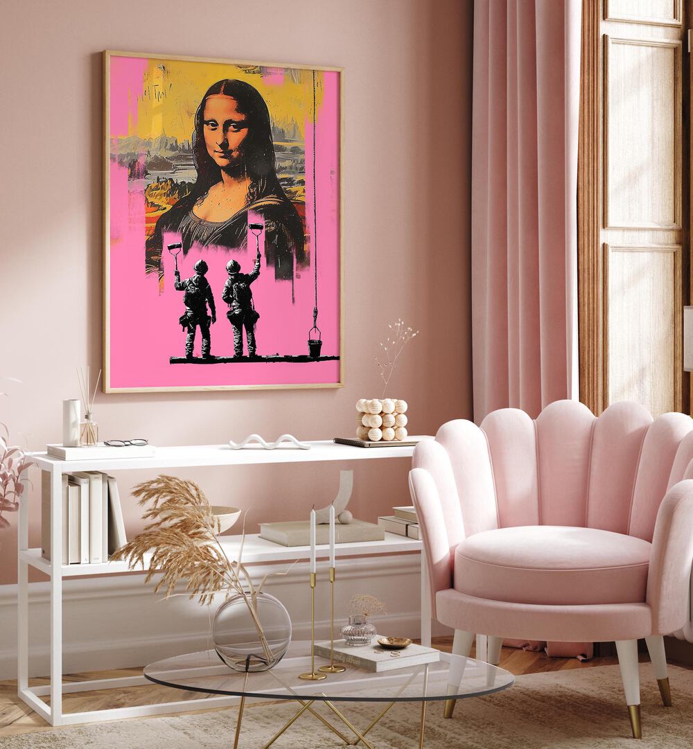 Vibrant PINK MONALISA, POP ART PAINTINGS by Dikhotomy adds a contemporary flair to classic art in a stylish setting.