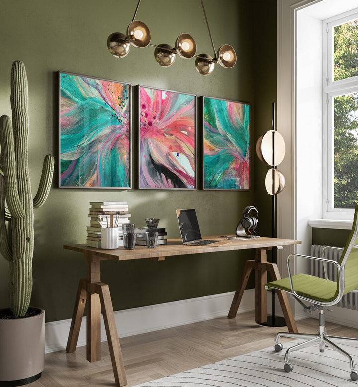 VIBRANT COLOUR FLORA SET, SET OF 3 PAINTINGS brightens modern decor with colorful floral designs for a fresh ambiance.