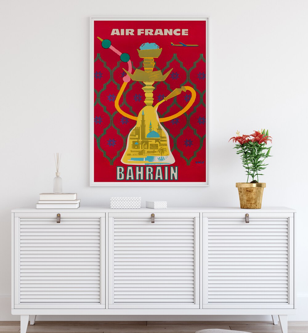 Decorate your space with AIR FRANCE, VINTAGE TRAVEL POSTERS showcasing Bahrain's rich culture and elegance.