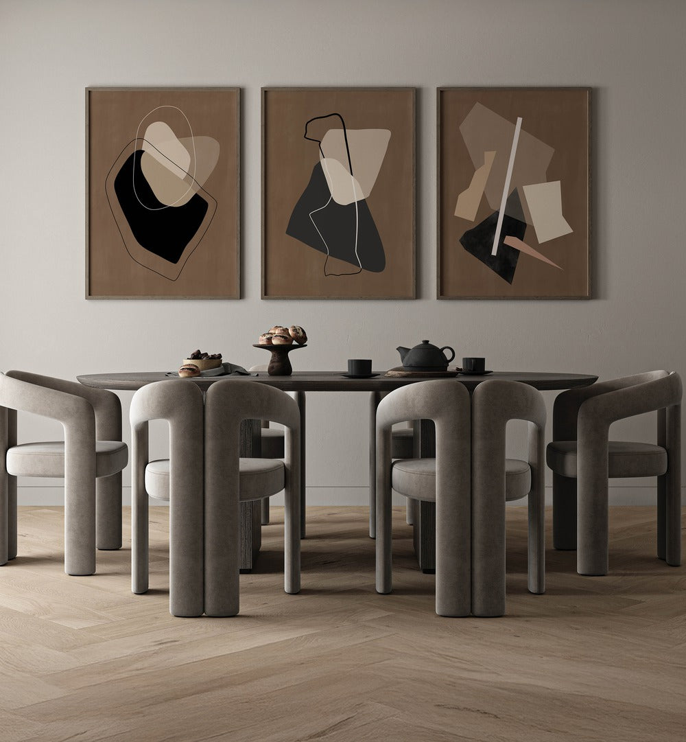 Elevate your space with the NOCTURNE SHAPES SET, SET OF 3 PAINTINGS, showcasing elegant abstract designs.