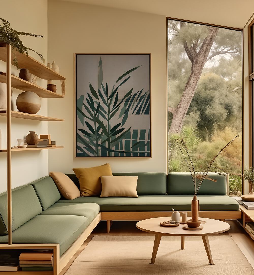 Stylish living room featuring PAPER CUT GREEN LEAVES II, FLORAL FLOWER PAINTINGS for a vibrant, modern aesthetic.