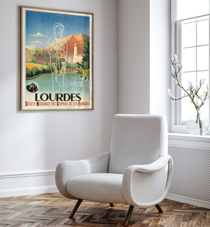 Stylish LOURDES, VINTAGE TRAVEL POSTERS adorn a cozy space, blending nostalgia with artistic charm for collectors.