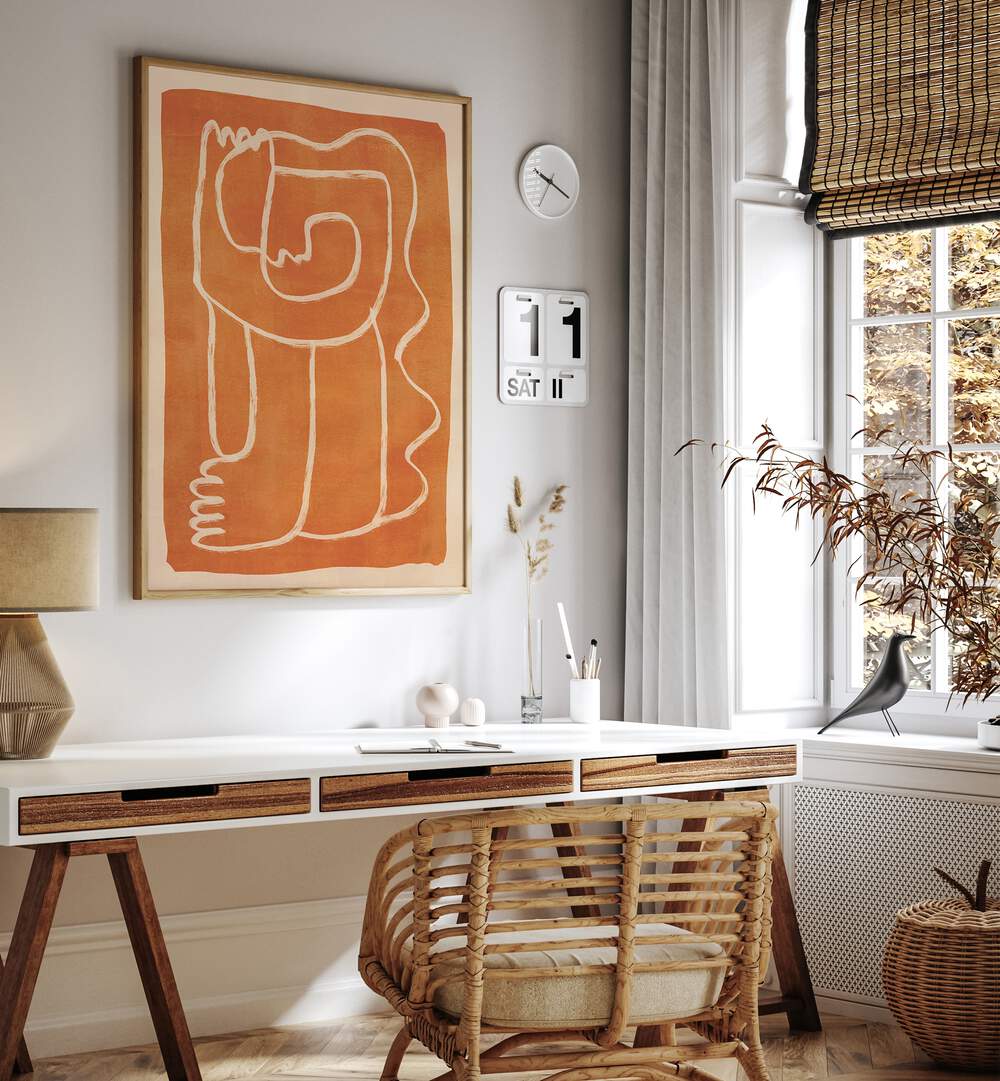 Stylish ABSTRACT LINE ART FIGURE, BOHO ART PAINTINGS enhancing a cozy workspace with earthy tones and contemporary design.