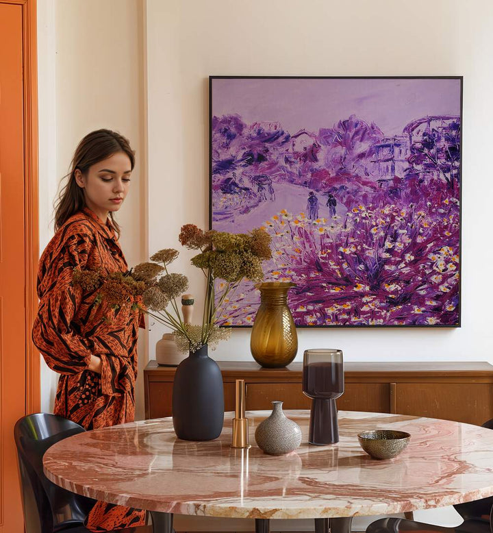 Stylish room featuring CHRYSANTHEMUM DATE, FLORAL FLOWER PAINTINGS and elegant decor for a vibrant atmosphere.