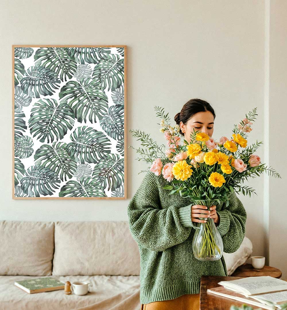 TROPICAL MONSTERA LEAVES , FLORAL FLOWER PAINTINGS