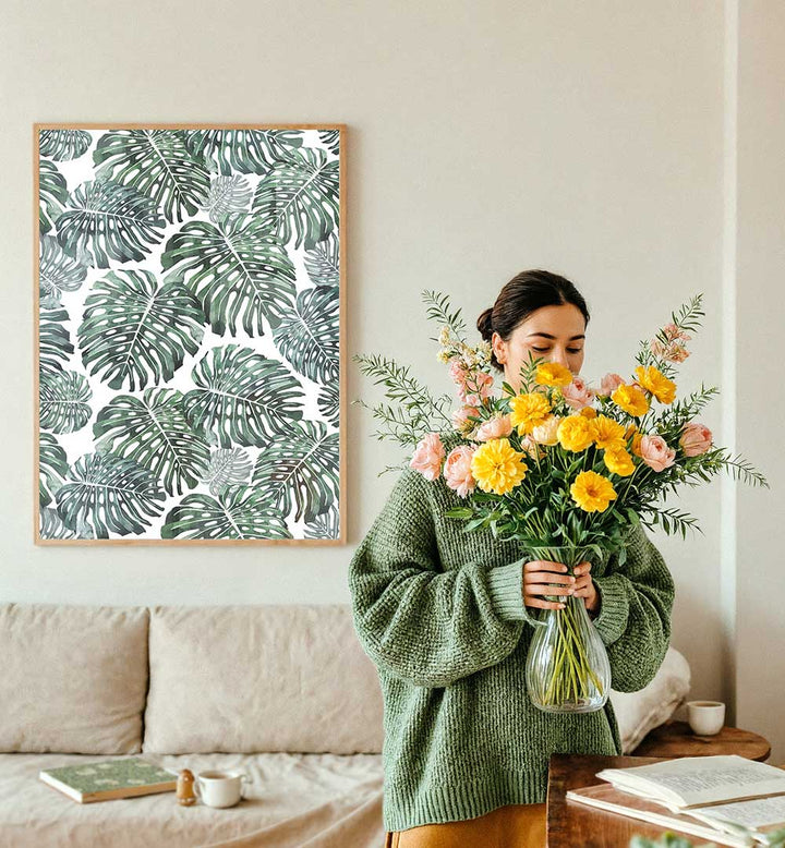 TROPICAL MONSTERA LEAVES , FLORAL FLOWER PAINTINGS