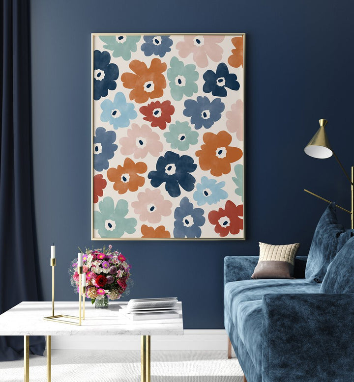 Bright and colorful BLUE TERRACOTTA FLOWERS, FLORAL FLOWER PAINTINGS adorn a modern living space, enhancing its charm.