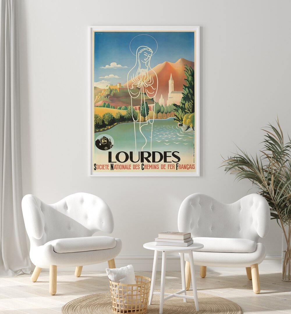 Stylish LOURDES, VINTAGE TRAVEL POSTERS adorn a modern room, blending nostalgia and elegance for art lovers.