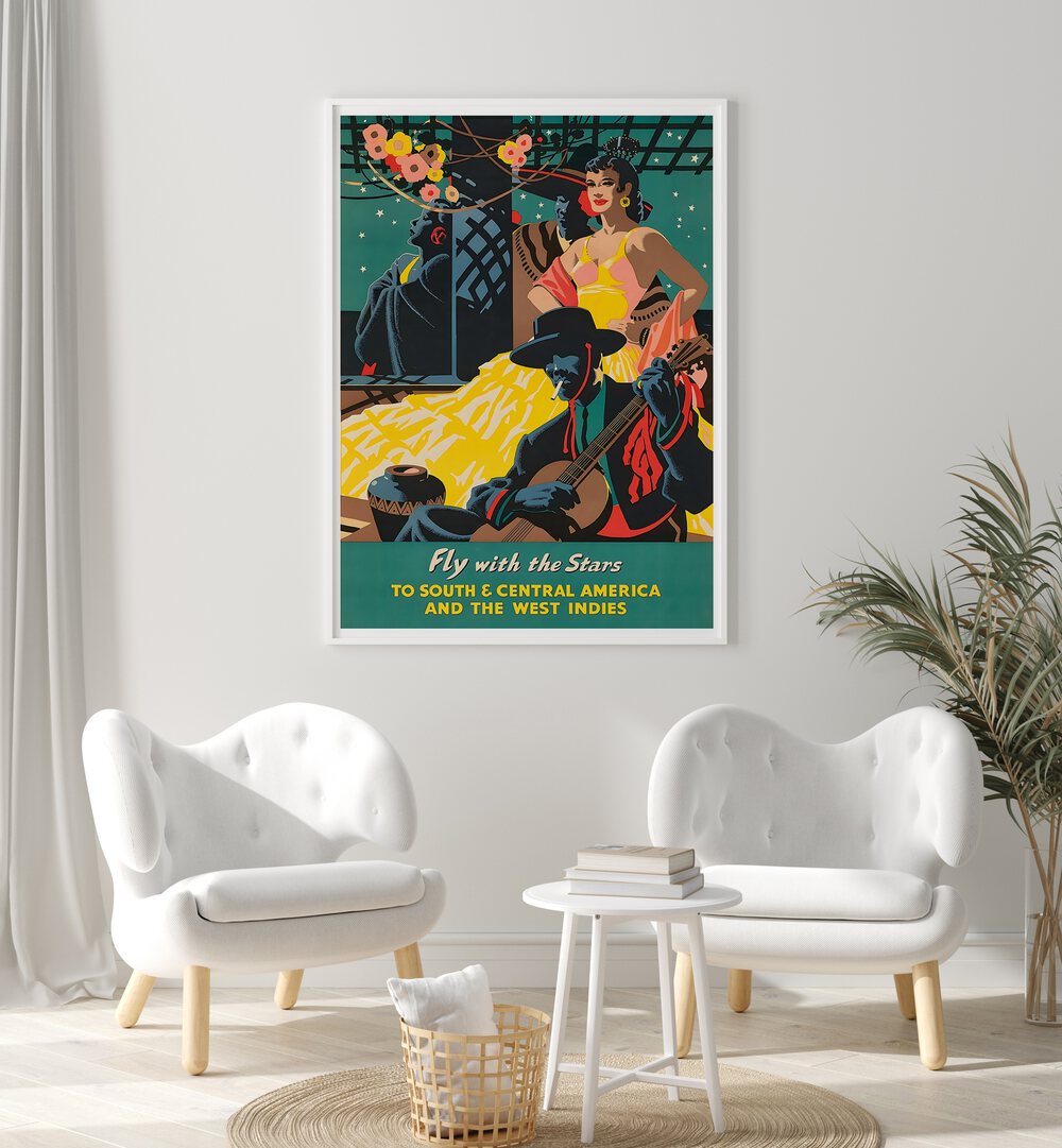 Colorful FLY WITH THE STARS, VINTAGE TRAVEL POSTERS showcasing travel nostalgia and adventure in stylish decor.