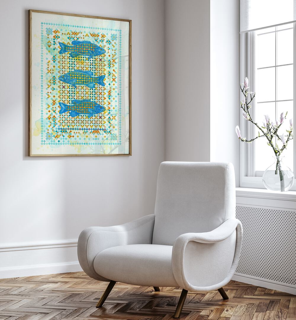Colorful fish artwork titled "FISH LIKE YOU AND ME II, ANIMAL PAINTINGS" enhances the modern living room decor.