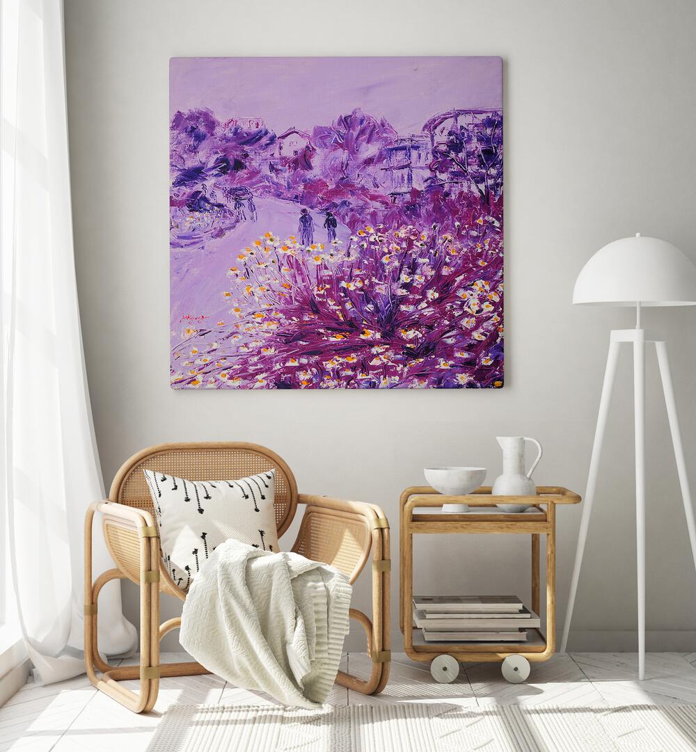 Vibrant CHRYSANTHEMUM DATE, FLORAL FLOWER PAINTINGS enhancing modern decor in a cozy living space.