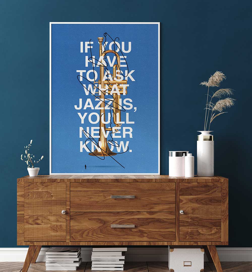 Bright LOUIS, MUSIC POSTERS featuring a trumpet and jazz quote, perfect for music lovers and stylish decor.