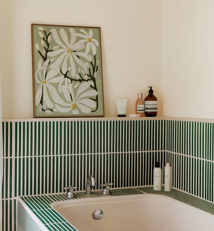 Elegant STAR MAGNOLI, FLORAL FLOWER PAINTINGS displayed above a stylish bath, enhancing natural beauty in your home.