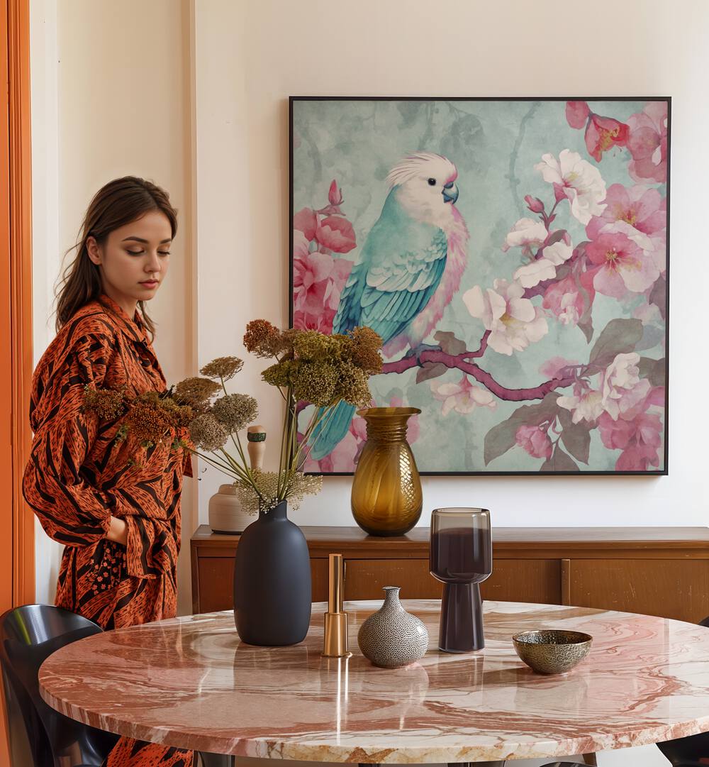 Brighten your space with SAKURA SPRING BIRD, ANIMAL PAINTINGS, showcasing spring's beauty by Andrea Haase.