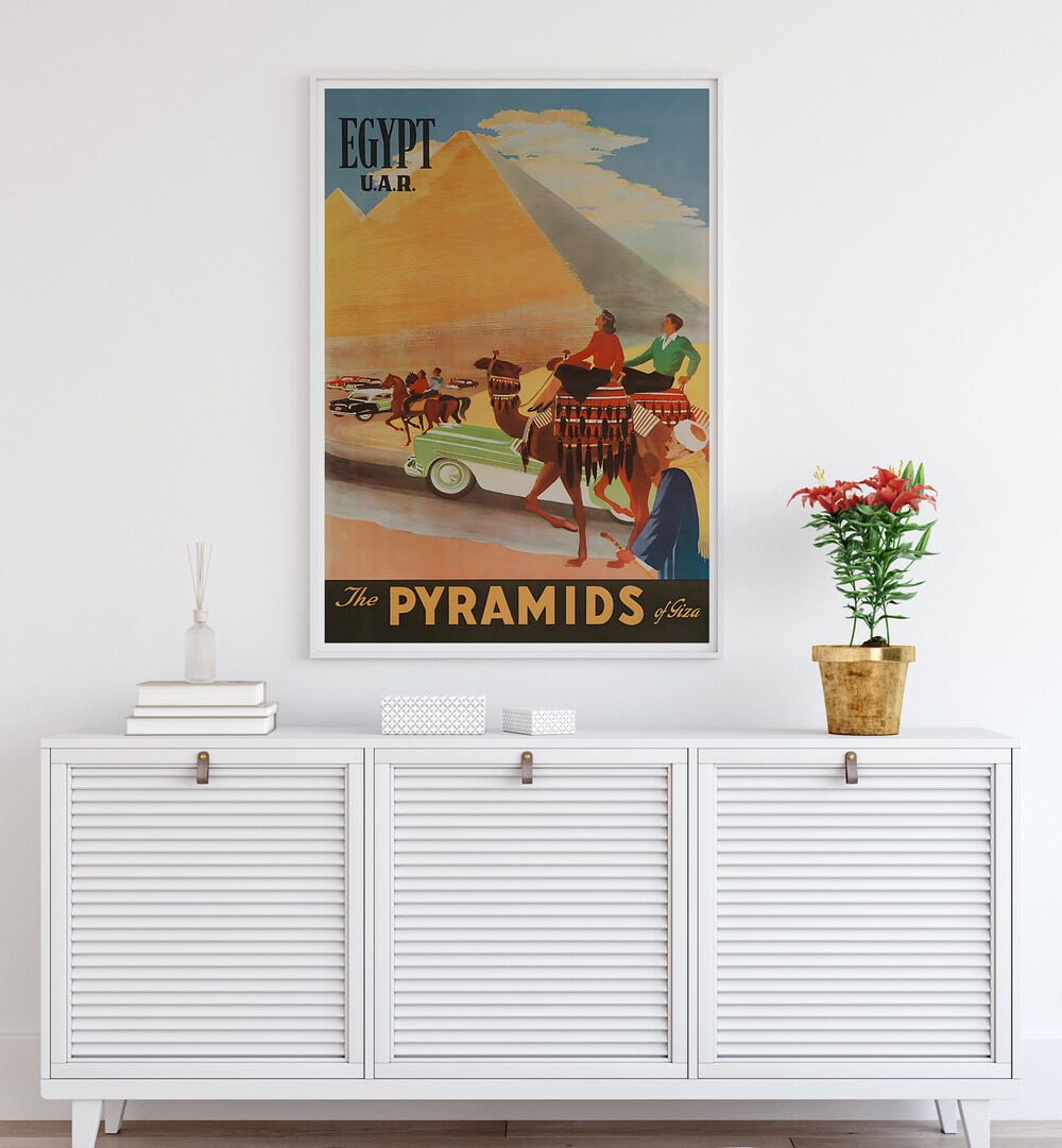 Explore the allure of ancient Egypt with our EGYPT I, VINTAGE TRAVEL POSTERS showcasing the iconic Pyramids of Giza.
