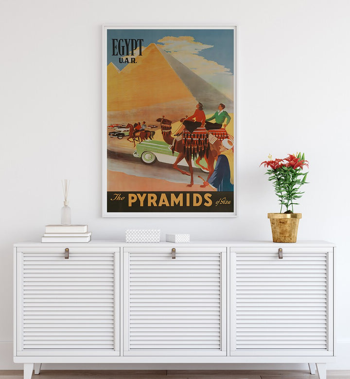 Explore the allure of ancient Egypt with our EGYPT I, VINTAGE TRAVEL POSTERS showcasing the iconic Pyramids of Giza.