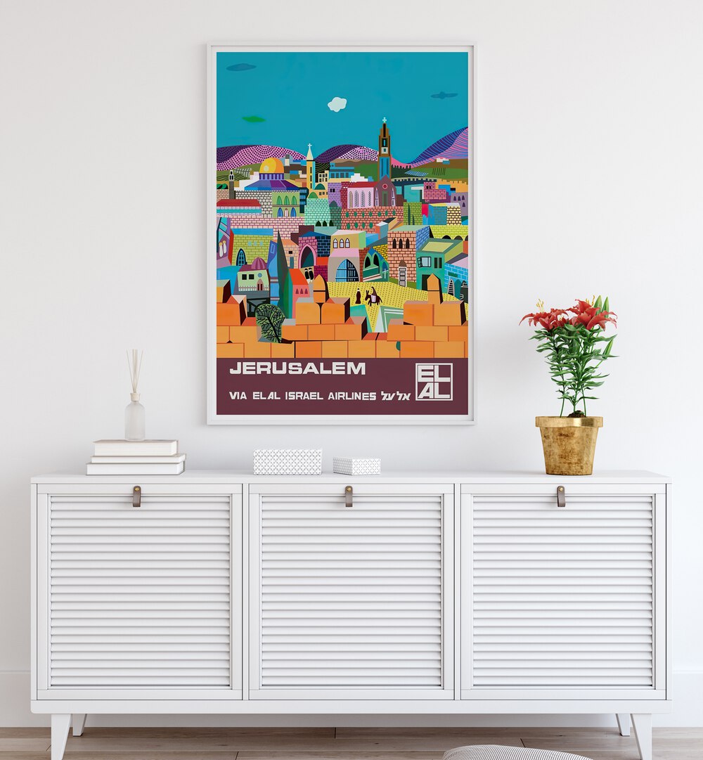 Colorful JERUSALEM, VINTAGE TRAVEL POSTERS showcasing iconic landmarks, perfect for decor enthusiasts.