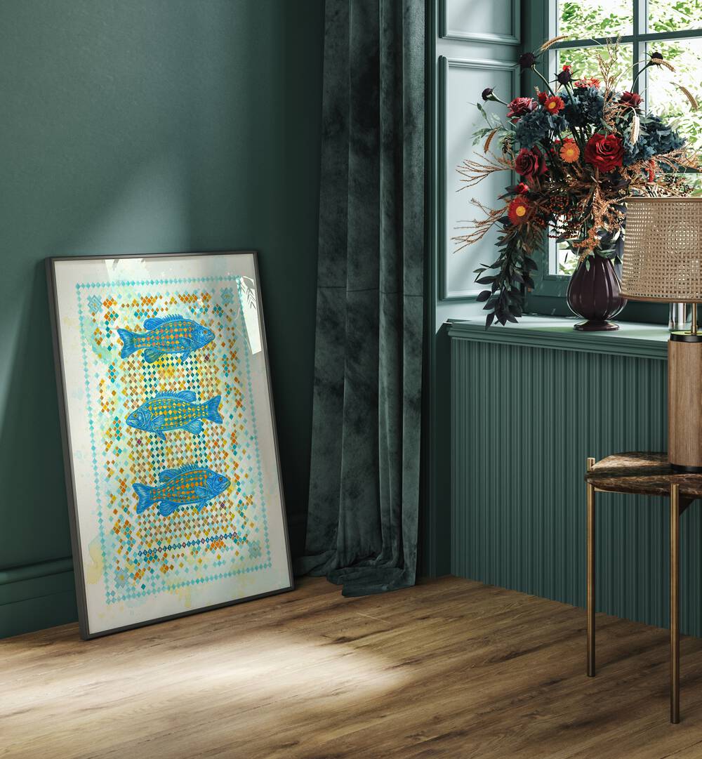 Brightly framed FISH LIKE YOU AND ME II, ANIMAL PAINTINGS displayed in a stylish room with floral decor.