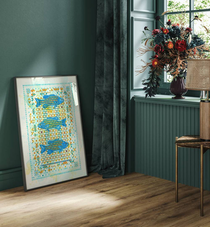 Brightly framed FISH LIKE YOU AND ME II, ANIMAL PAINTINGS displayed in a stylish room with floral decor.