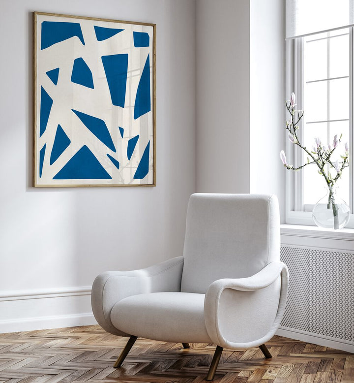 Bright blue and white geometry in EXPRESSIVE LINES VI, ABSTRACT PAINTINGS, perfect for modern art lovers.