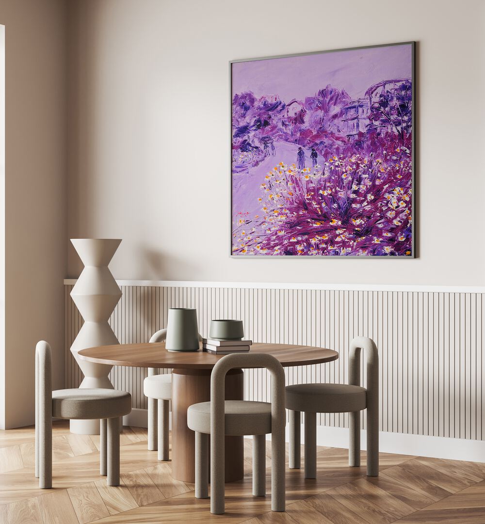 Stylish dining area featuring CHRYSANTHEMUM DATE, FLORAL FLOWER PAINTINGS, enhancing the modern decor.