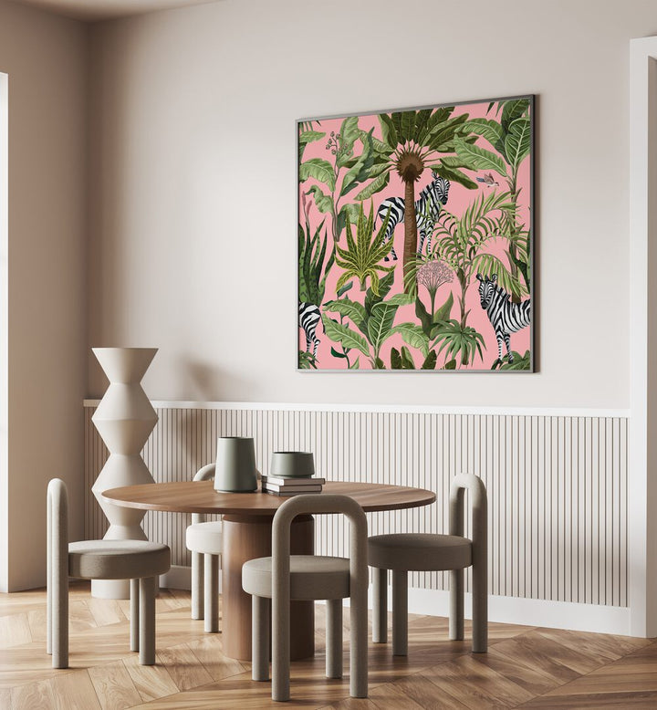 Elegant interior featuring "ROAMING WITH ZEBRAS, ANIMAL PAINTINGS" on a pink backdrop, perfect for wildlife lovers.