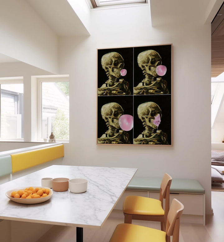 Transform your space with SKULL GUM EXPLOSION, ALTERED ART PRINTS by Dikhotomy—bold creativity for any room.