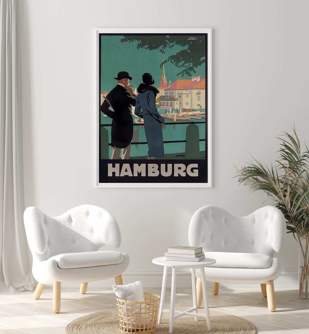 Stylish Hamburg I Vintage Travel Posters showcase a couple admiring the city's charm, perfect for any decor.