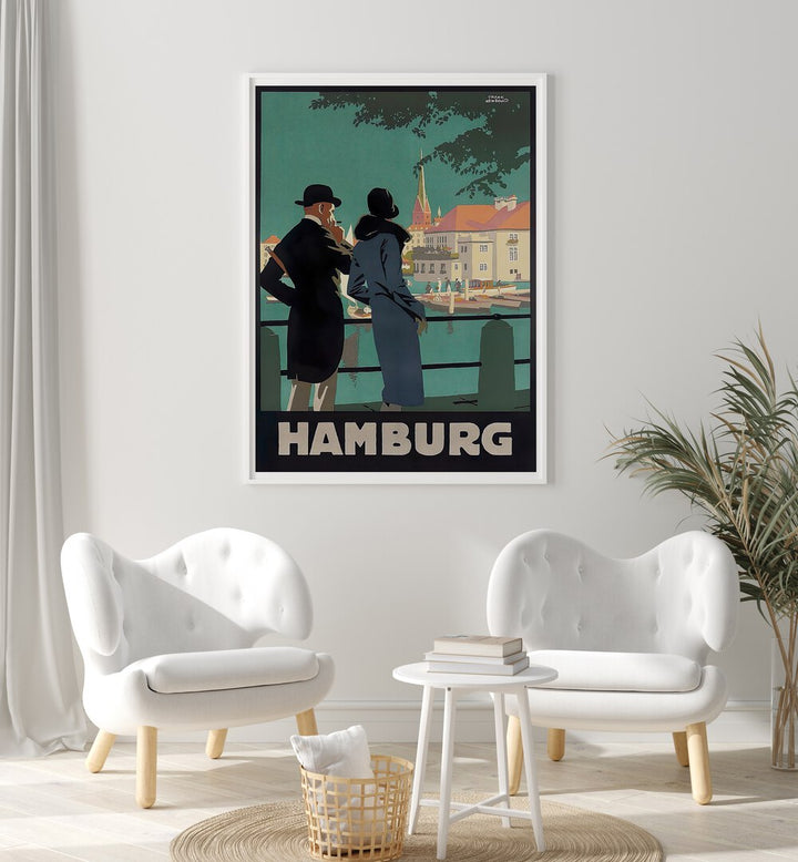 Stylish Hamburg I Vintage Travel Posters showcase a couple admiring the city's charm, perfect for any decor.