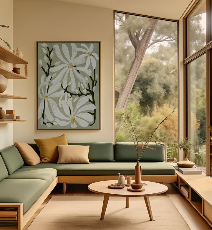 Star Magnoli, Floral Flower Paintings adorn a modern living room, highlighting the beauty of magnolia blossoms.
