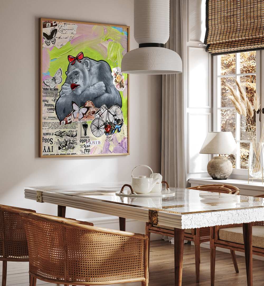 Colorful PARISIAN DAYDREAM Comic POSTERS adorn a stylish dining room, adding playful charm to the decor.